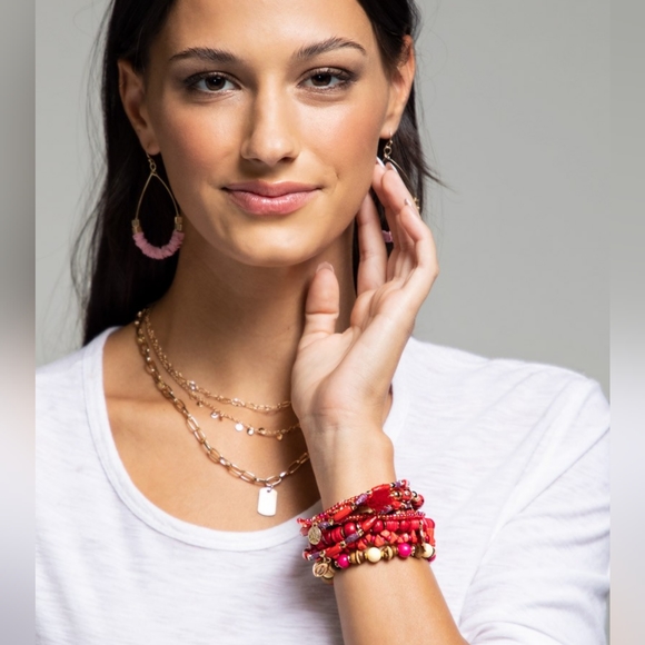 Red Boho Chic Multi Layered Stretch Bracelet w Golden Seashell & Coin Charms - Picture 5 of 6